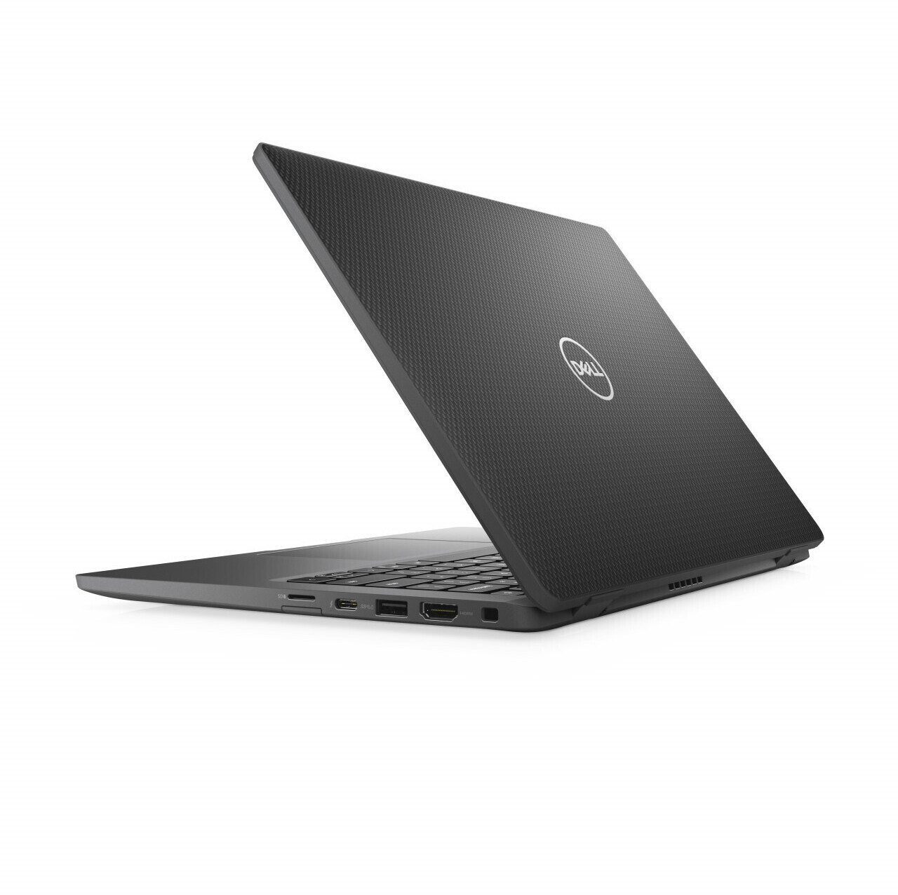 Ein geschlossener schwarzer Dell Laptop mit texturiertem Deckel und leuchtendem Logo.