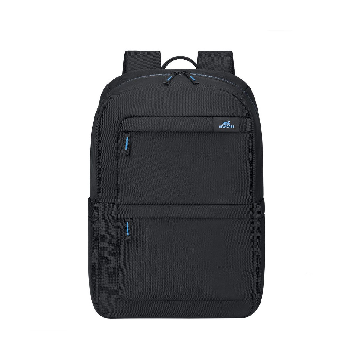 Schwarzer Rucksack mit blauem Logo und Reißverschlüssen auf weißem Hintergrund.