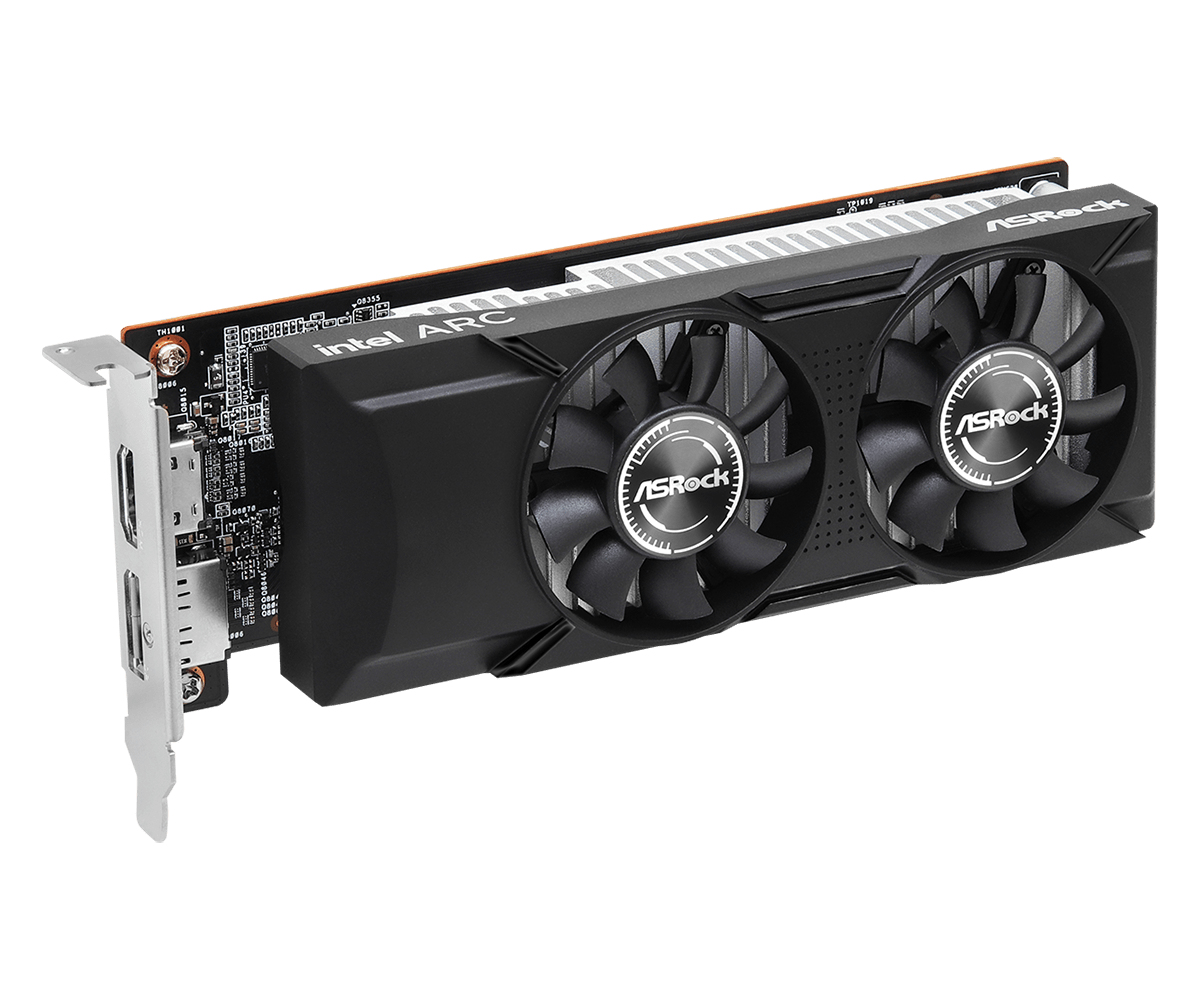 A black graphics card with two fans and Intel Arc branding.