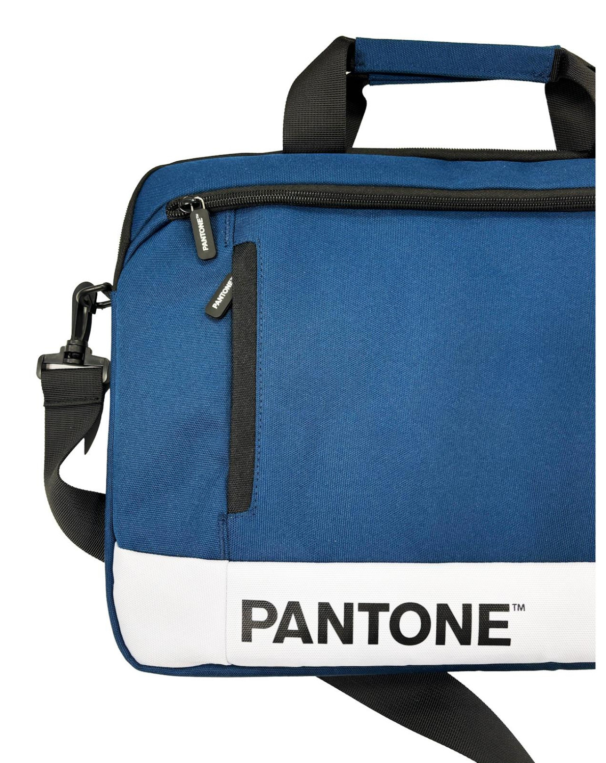 Borsa blu con striscia bianca, logo PANTONE, zip e manico neri.