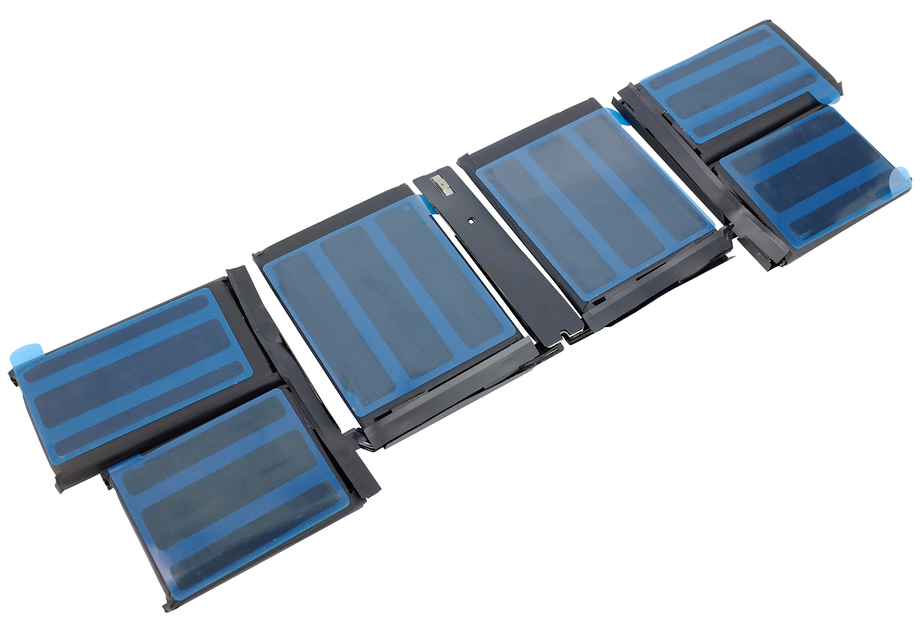 Ein Laptop-Akku mit mehreren Zellen, die mit blauen Klebestreifen bedeckt sind.