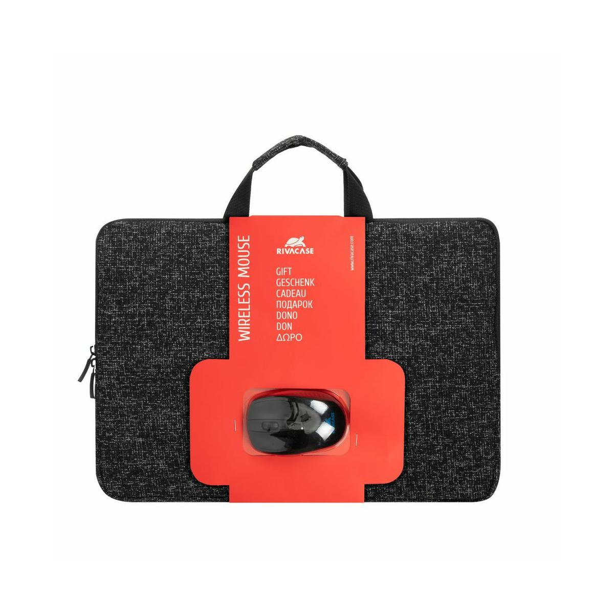 Mouse wireless nero in confezione su borsa nera testurizzata.