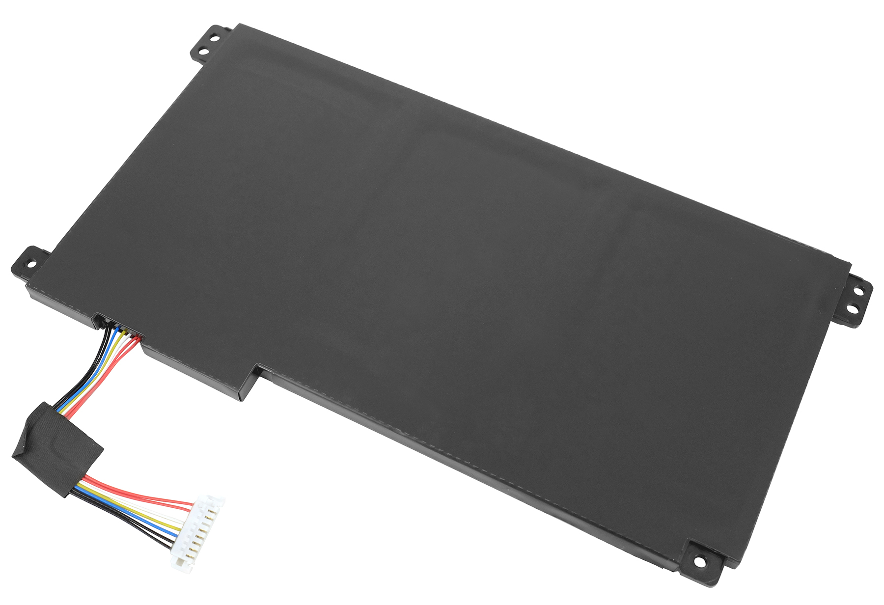 Schwarzer Laptop-Akku mit Kabeln auf weißem Hintergrund.