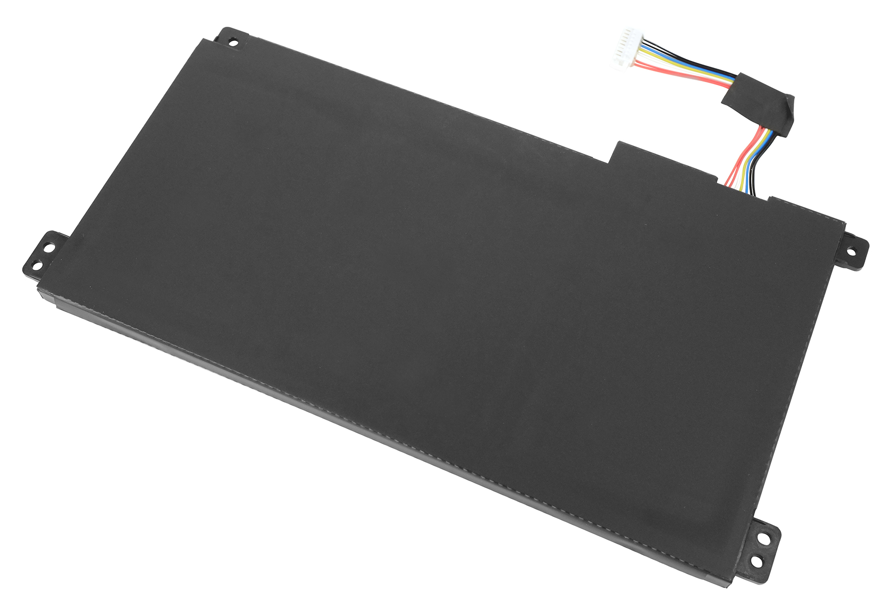 Schwarzer Laptop-Akku mit Kabeln und weißem Anschluss.