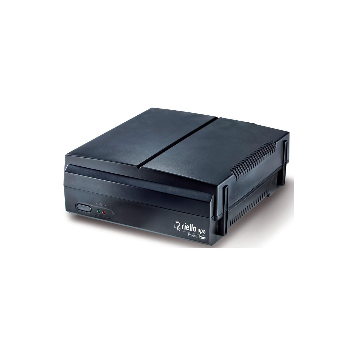 Dispositivo negro Riello UPS ProtectPlus con rejillas de ventilación y luces indicadoras.