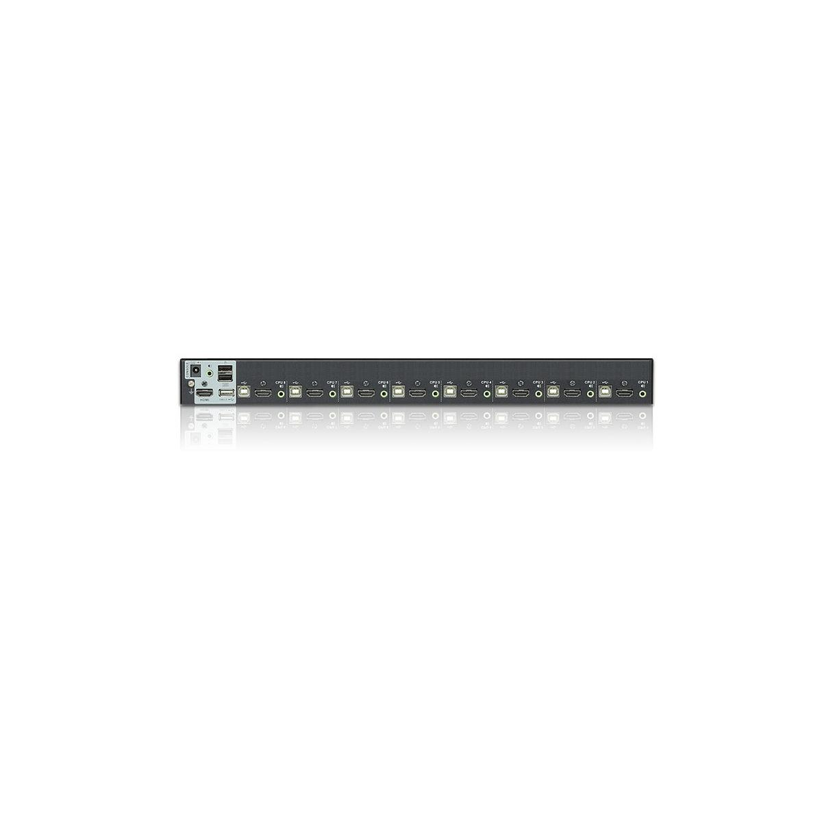 Ein schwarzes Rackmount-Gerät mit mehreren HDMI-, USB- und Netzanschlüssen vorne.