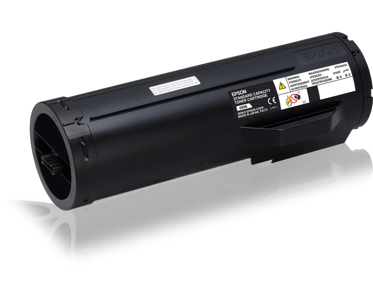 Cartuccia toner nera Epson a capacità standard con etichette di avvertenza e marchio CE.