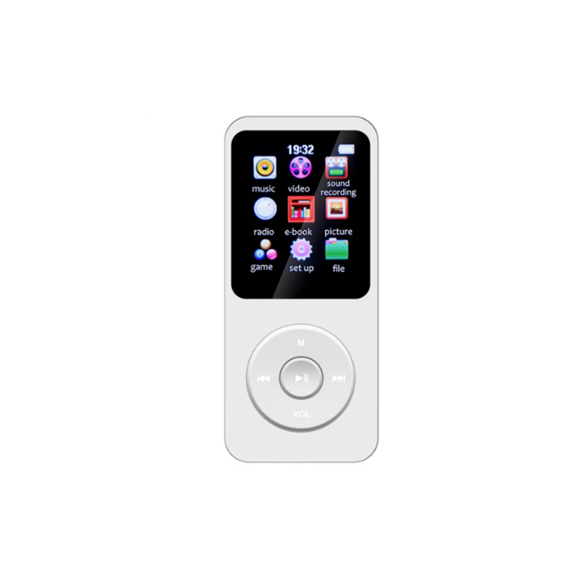 Ein weißer MP3-Player mit einem Touchscreen, der Menüoptionen anzeigt.