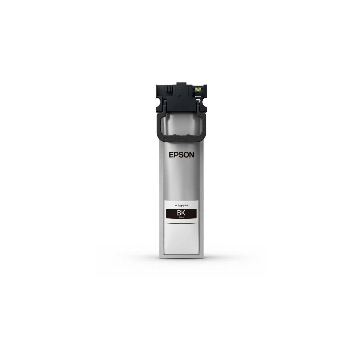 Ein silberner Epson-Tintenstrahl-Druckerpatronenbehälter mit schwarzer Tinte.