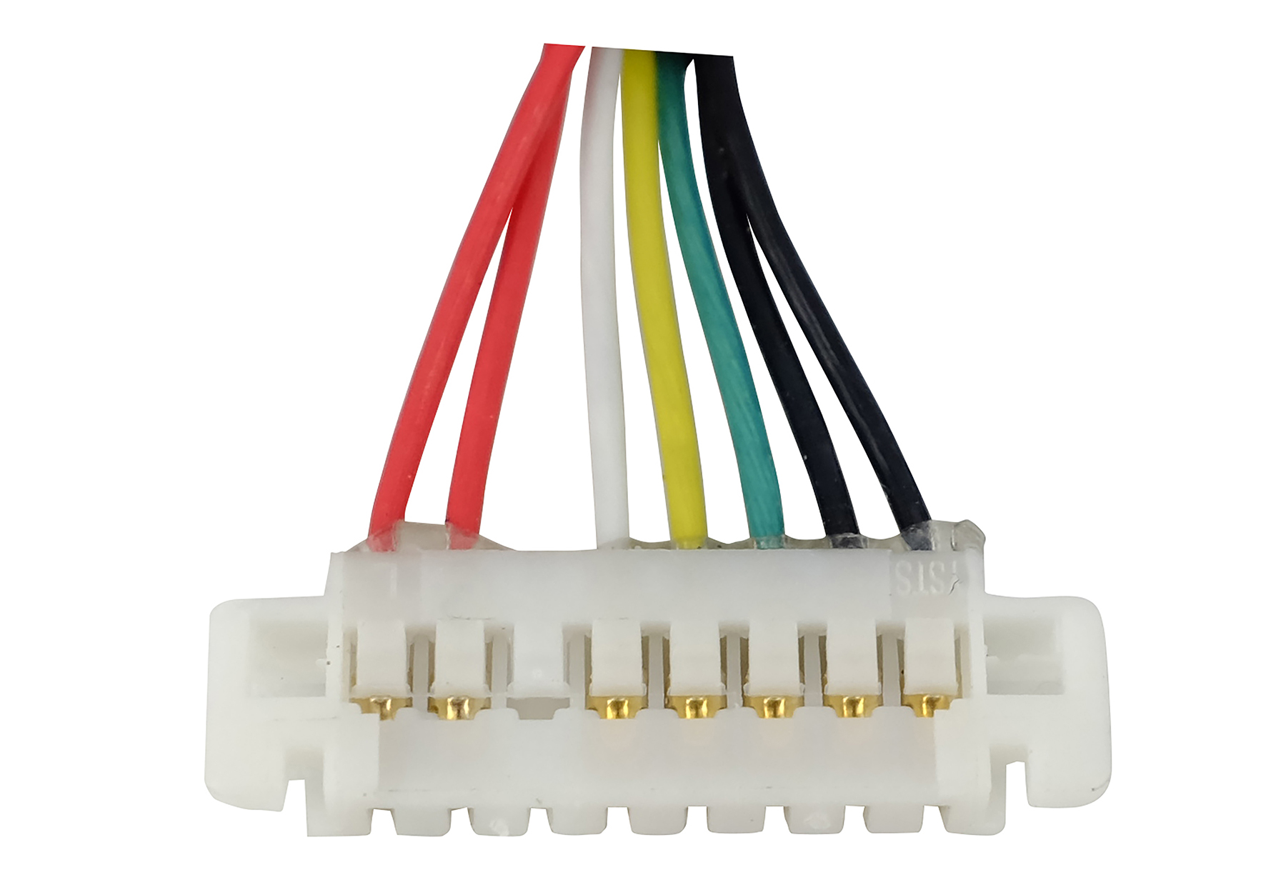 Ein weißer Stecker mit sechs bunten Kabeln: Rot, Weiß, Gelb, Grün, Schwarz.