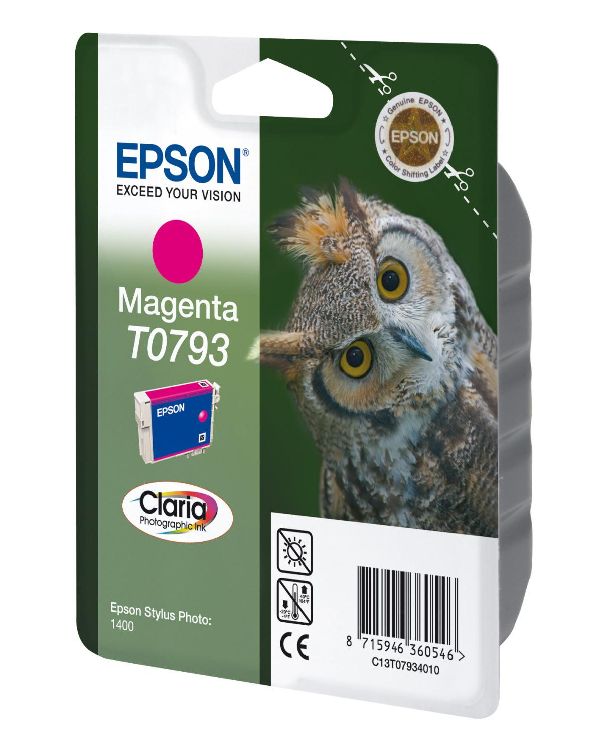 Epson Magenta T0793 inktcartridge met uilmotief en productdetails.