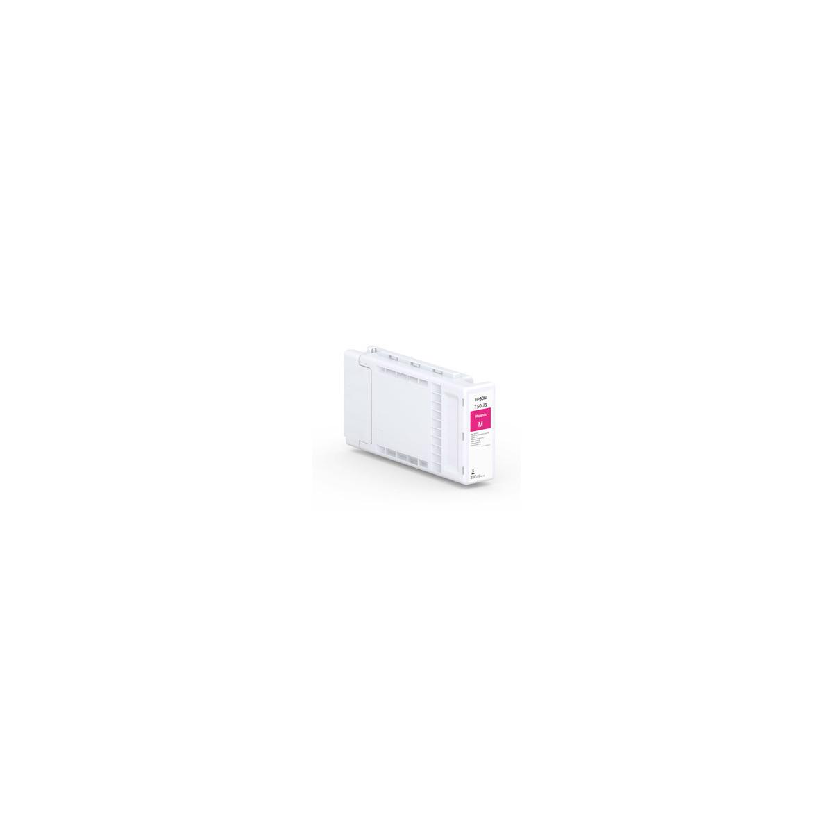 Biały pojemnik na tusz Epson z tuszem magenta.