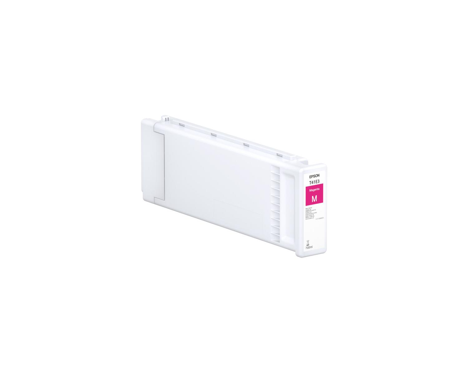 Un serbatoio d'inchiostro Epson bianco per magenta etichettato T41E3.