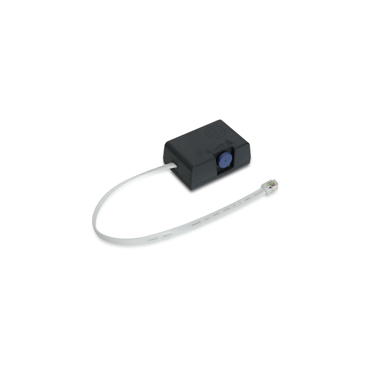 Una scatola in plastica nera con un pulsante blu e un cavo bianco con connettore RJ11.