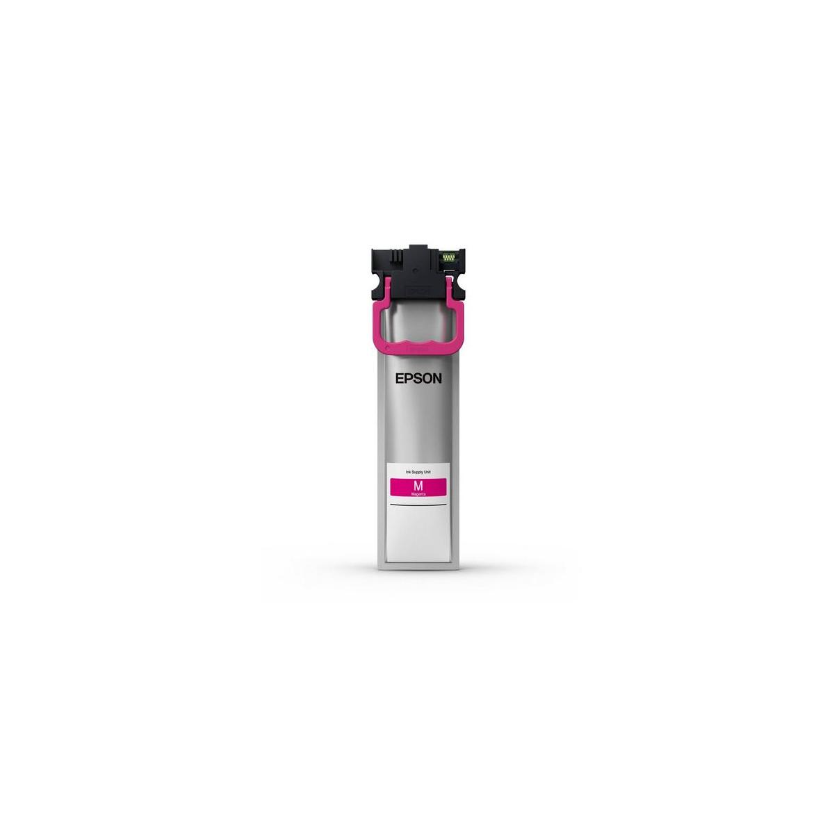 Réservoir d'encre Epson argenté avec poignée rose et 'M' pour Magenta.