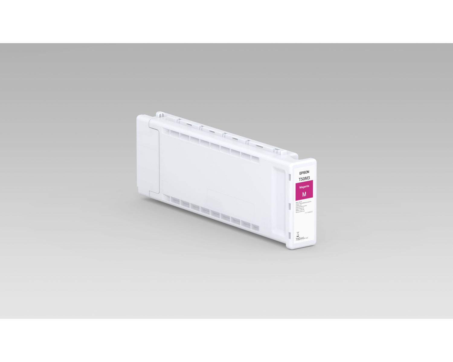 Ein weier Epson Tintenbehlter mit Magenta-Etikett steht schrg auf grauem Hintergrund.