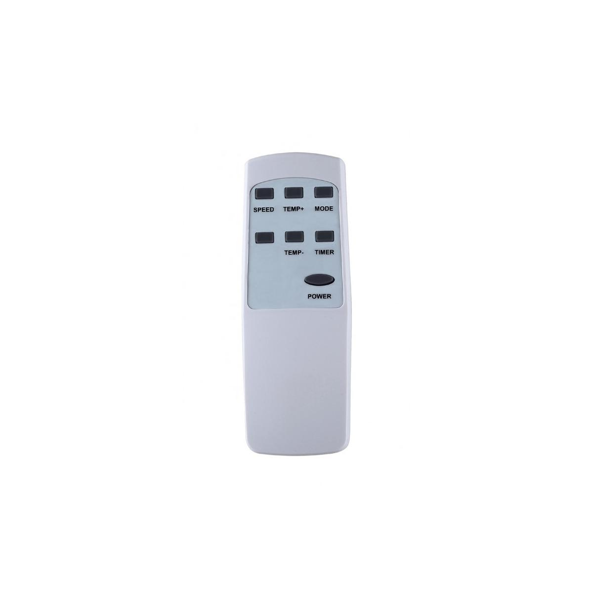 A white remote control with buttons labeled Speed, Temp+, Mode, Temp-, Timer, and Power.