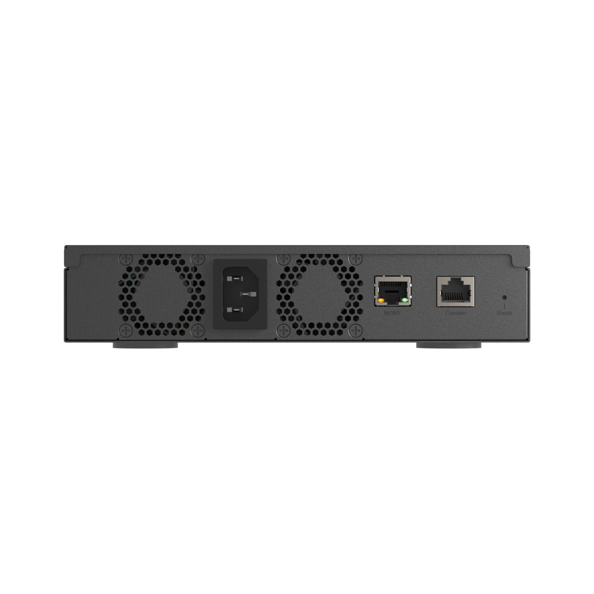 Uno switch di rete nero con due ventole, porta di alimentazione, MGMT, console e pulsante reset.