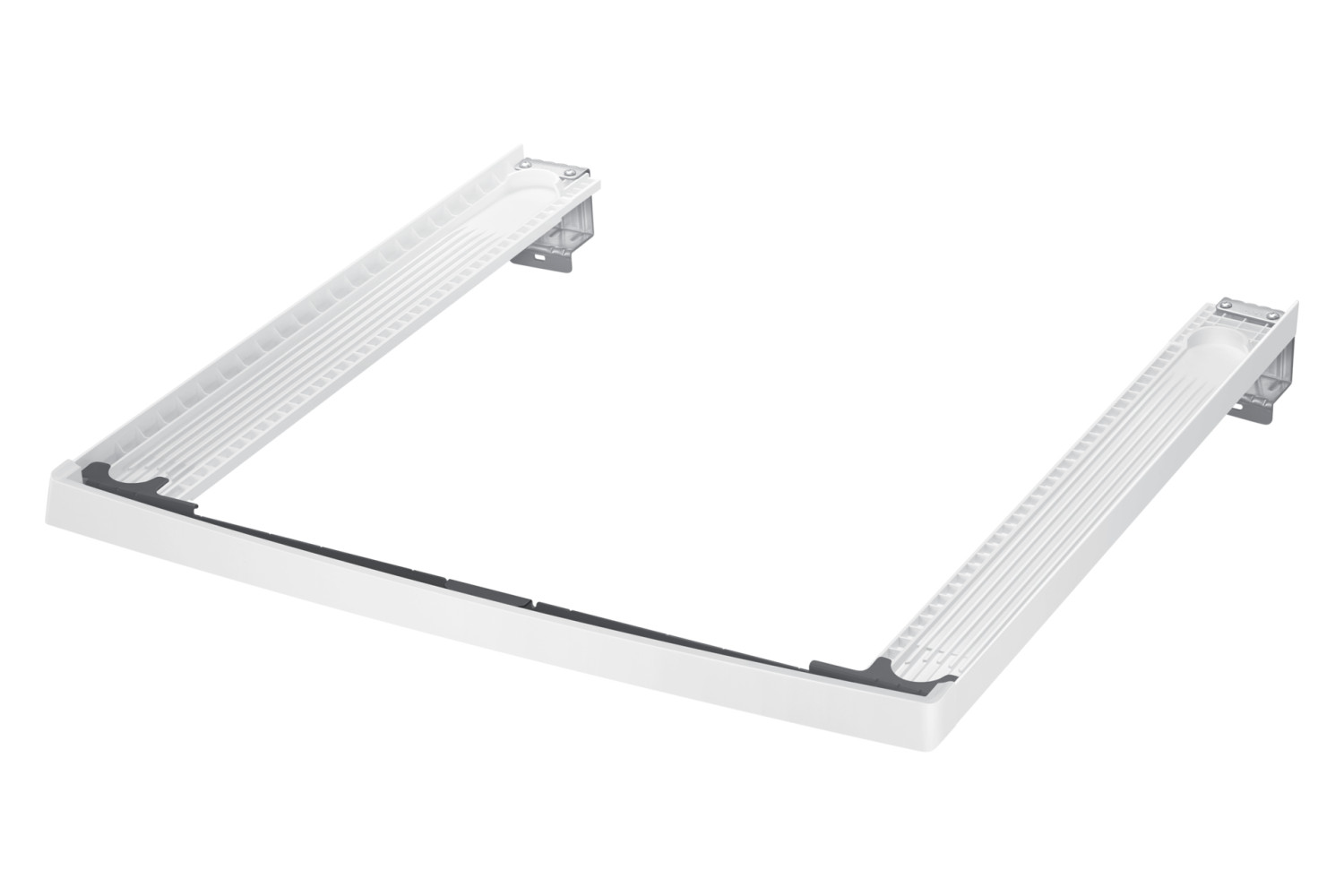 Kit de apilamiento de electrodomésticos de plástico blanco con soportes metálicos. Rieles acanalados en brazos.