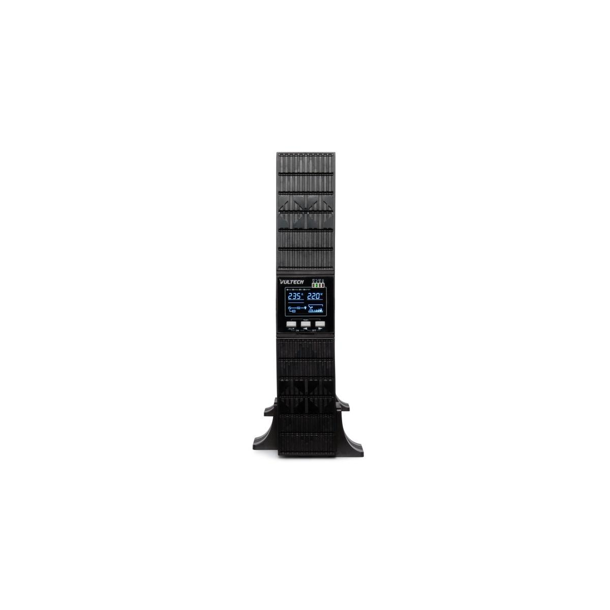 Una torre UPS nera e verticale con display digitale che mostra 235V e 220V.