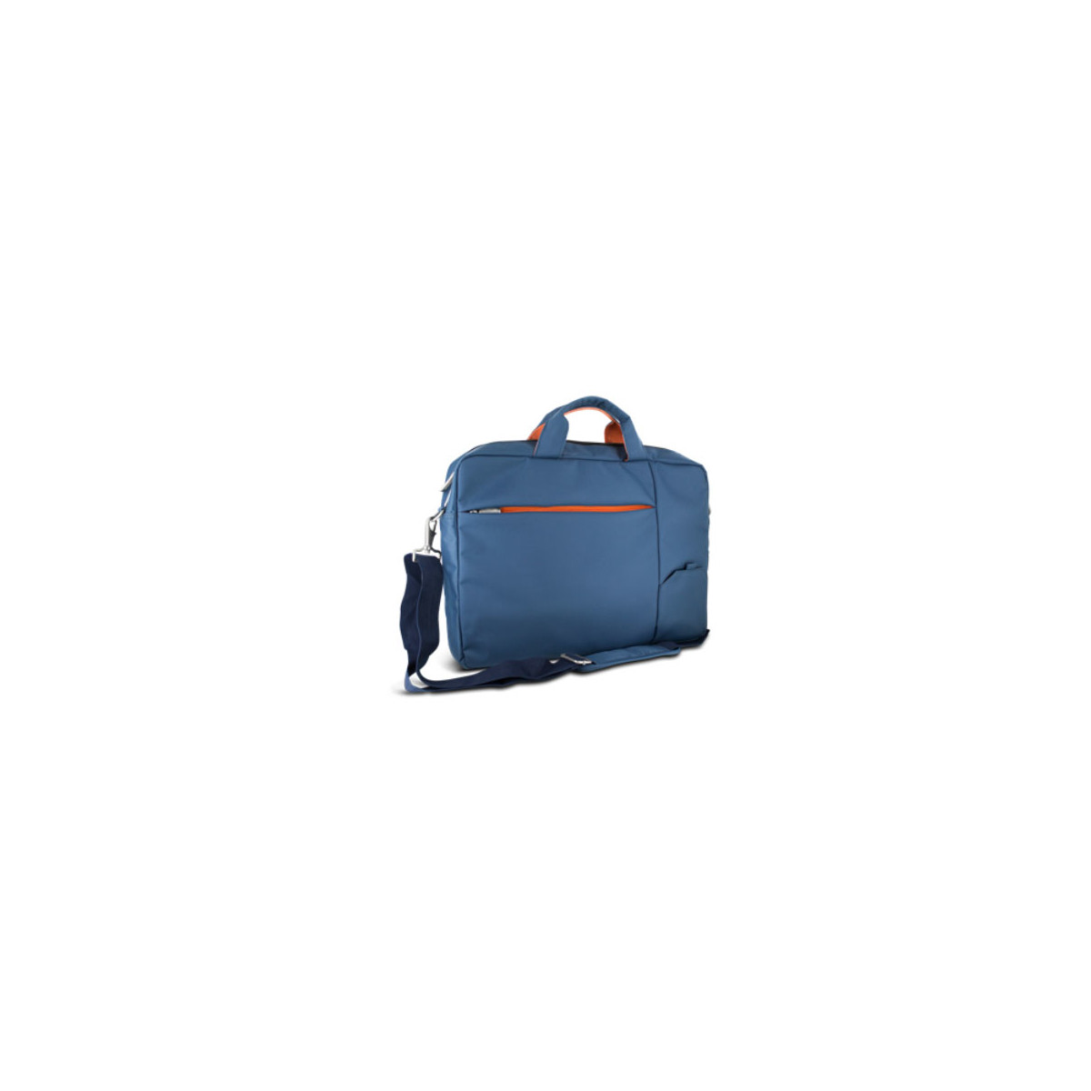 Una borsa blu per laptop con accenti arancioni e tracolla.