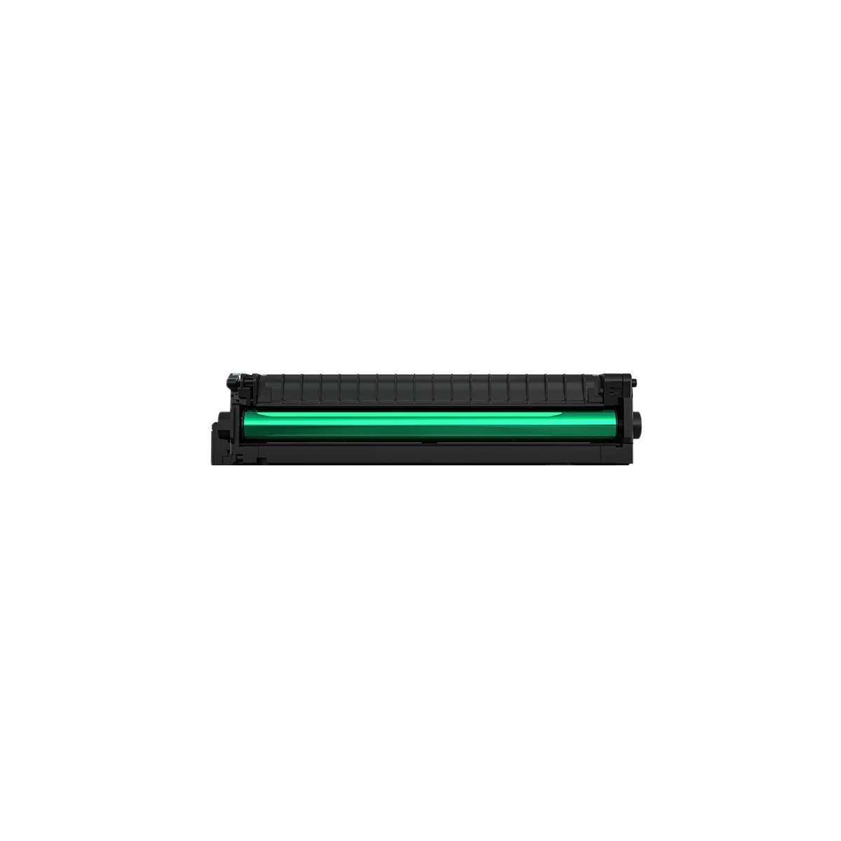 Una cartuccia toner nera con un tamburo verde, isolata su sfondo bianco.