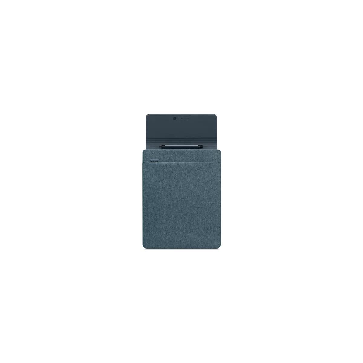 Blaues Lenovo Tablet Etui mit Stift und Logo.