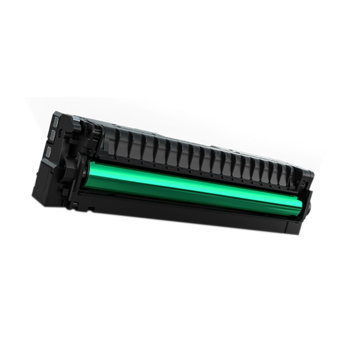 Cartuccia toner nera con rullo tamburo verde brillante.