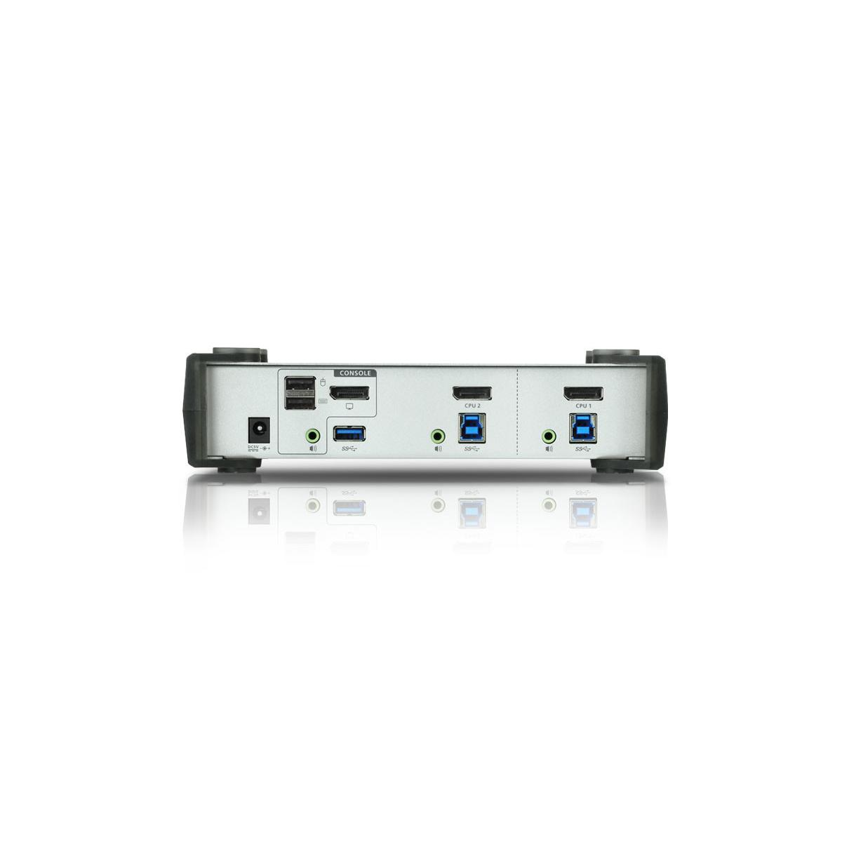 Rückseite eines silbernen KVM-Schalters mit Anschlüssen für Konsole, CPU 1 und CPU 2.
