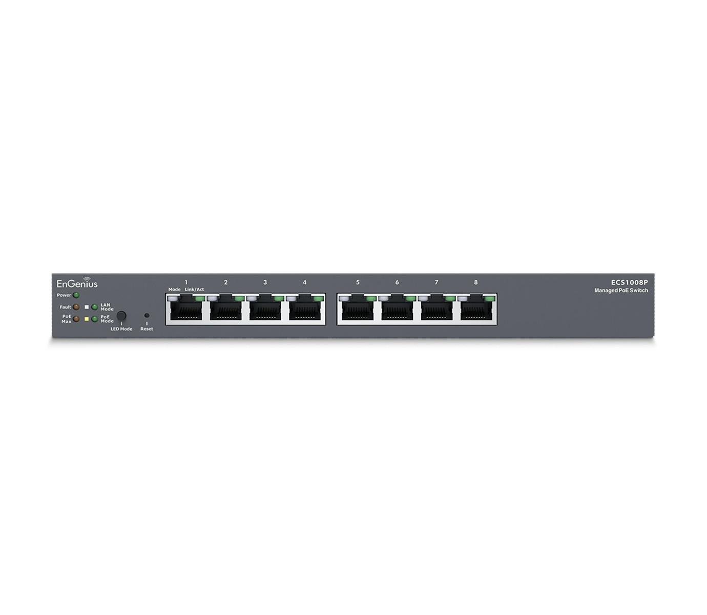 Uno switch PoE gestito EnGenius ECS1008P grigio con 8 porte.