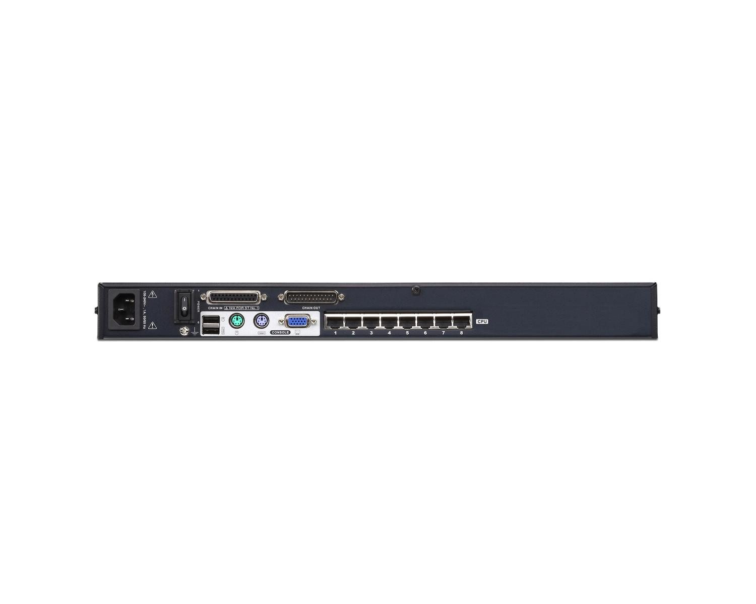 Güç, USB, konsol, zincir giriş/çıkış, CPU ve 8 Ethernet portuna sahip siyah ağ cihazının arka görünümü.