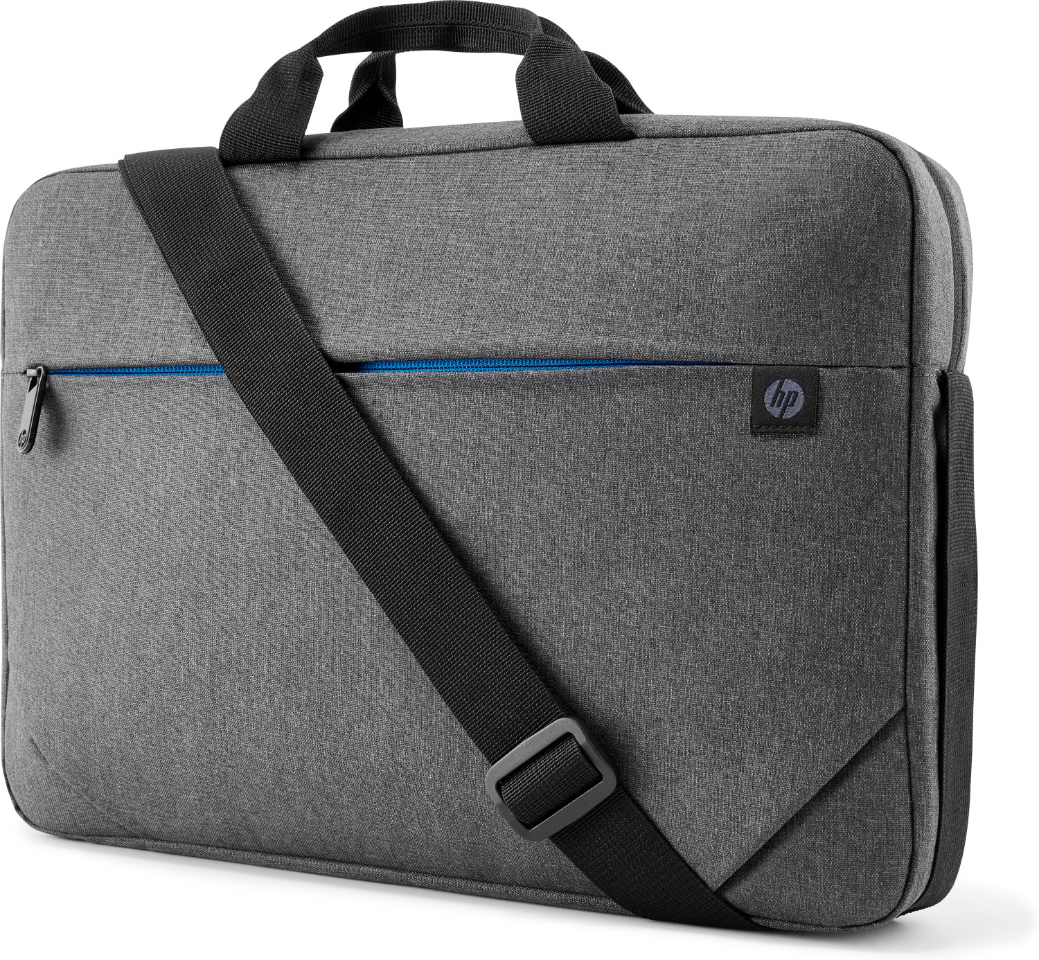 Szara torba na laptopa HP z czarnym paskiem i niebieskim zamkiem.