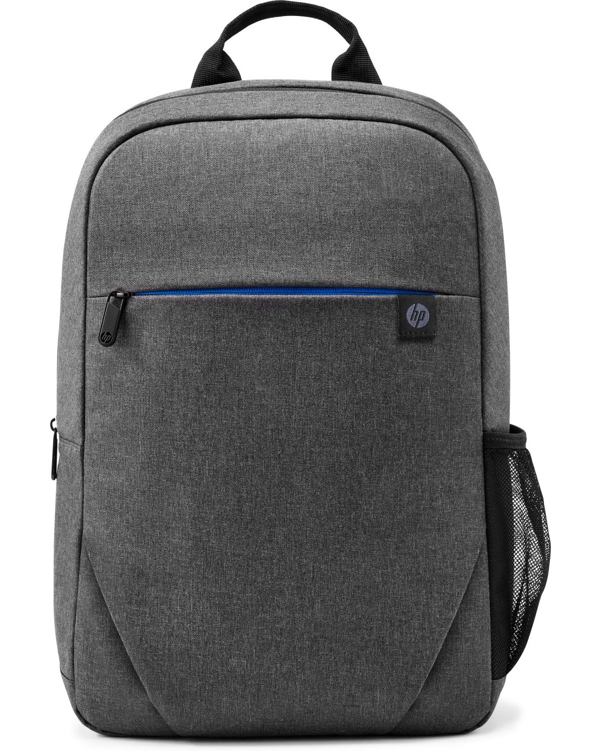 Mochila gris con cremallera azul y logo HP, bolsillo lateral de malla.