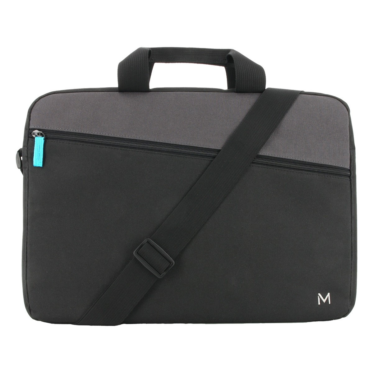 Borsa nera per laptop con parte superiore grigia, cerniera blu e tracolla.