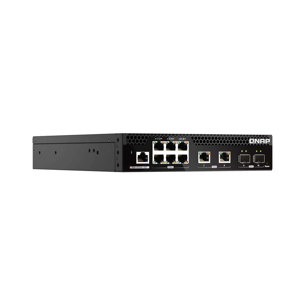 Uno switch di rete QNAP nero con più porte e LED.