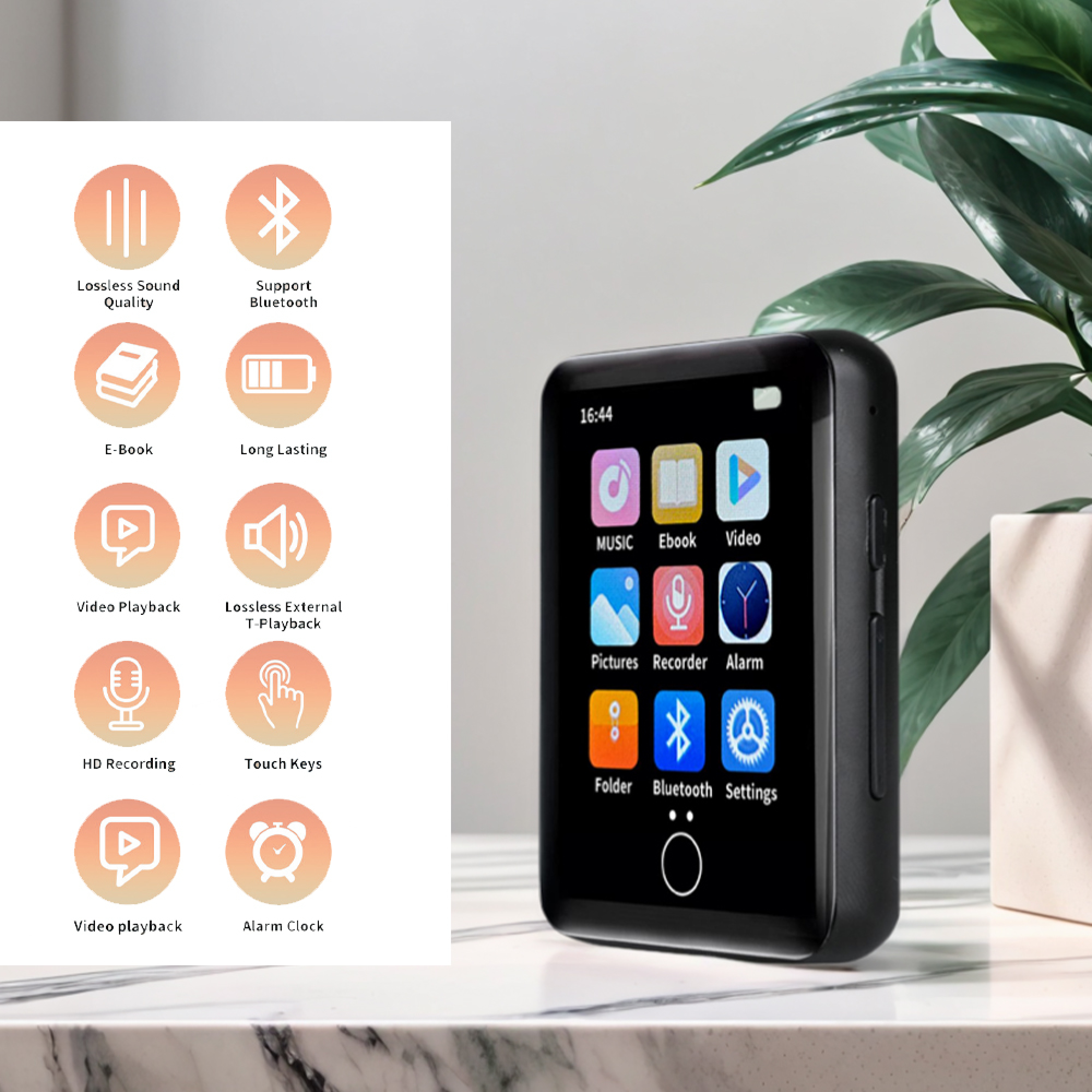 Ein tragbarer Musikplayer mit Symbolen für Funktionen wie Musik, E-Book, Video und Einstellungen.