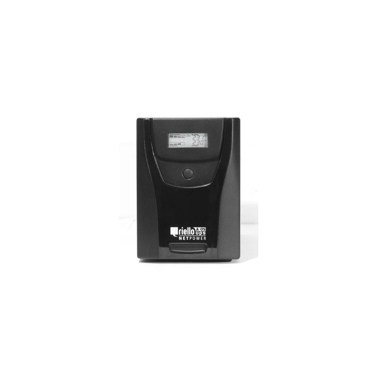 Dispositivo negro Riello UPS NETPOWER con pantalla LCD y un botón.
