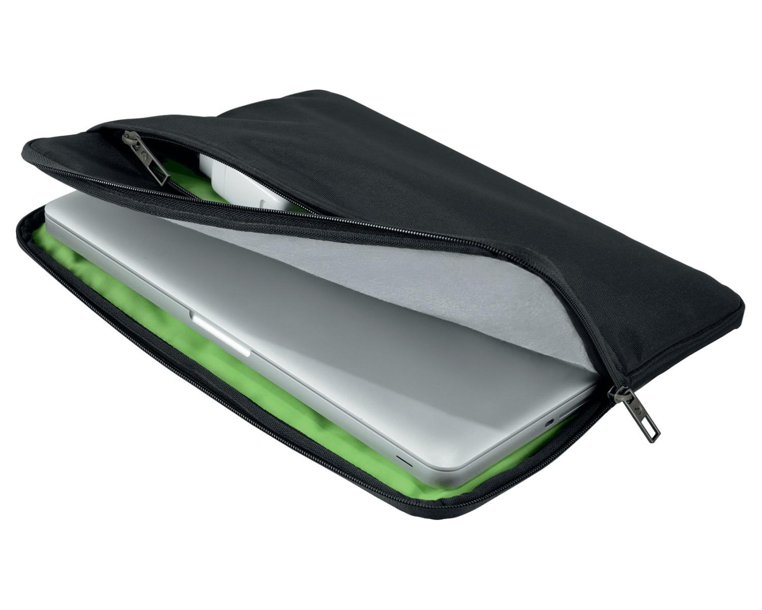 Un laptop argento in una custodia nera con interno verde.