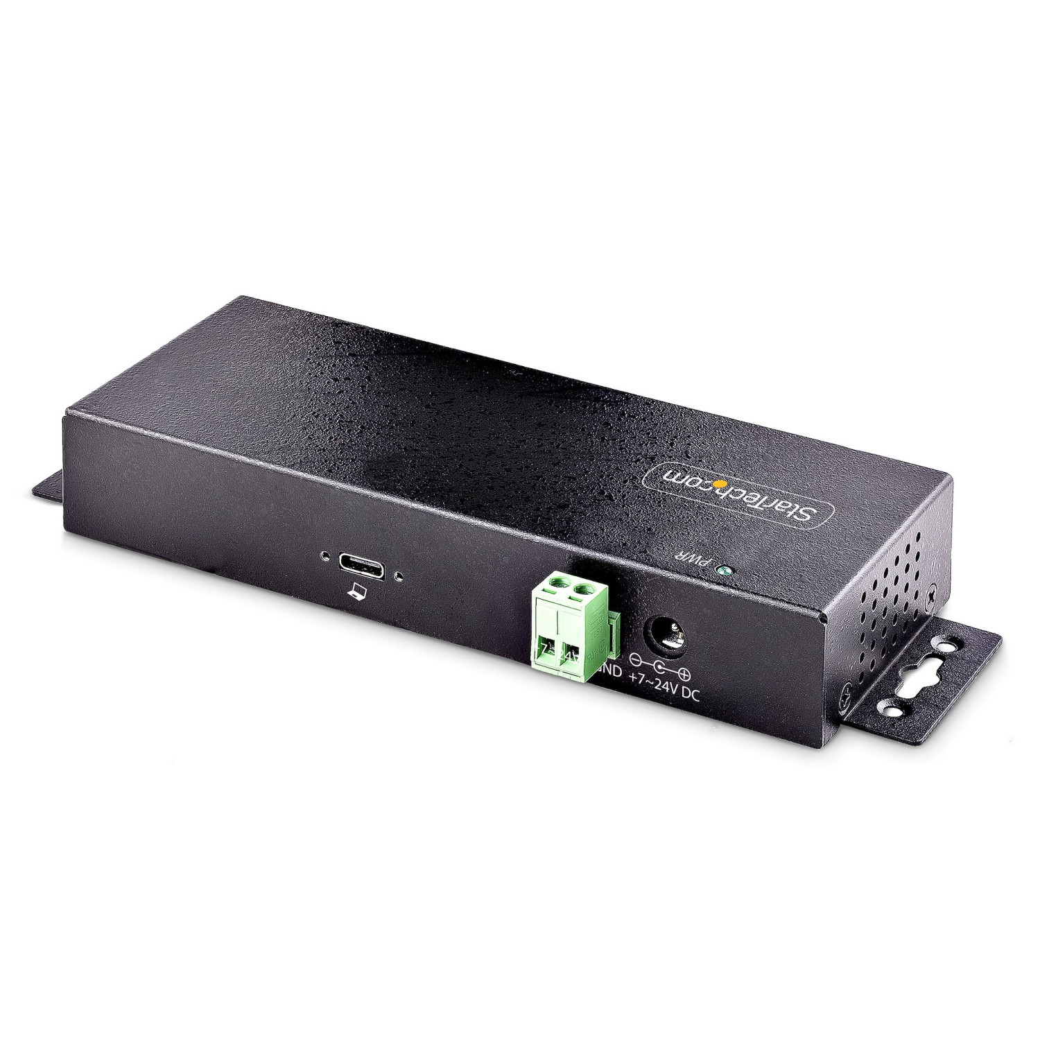Schwarze Metallbox mit Anschlüssen: USB-C, Strombuchse und Schraubklemme für 7-24V DC.