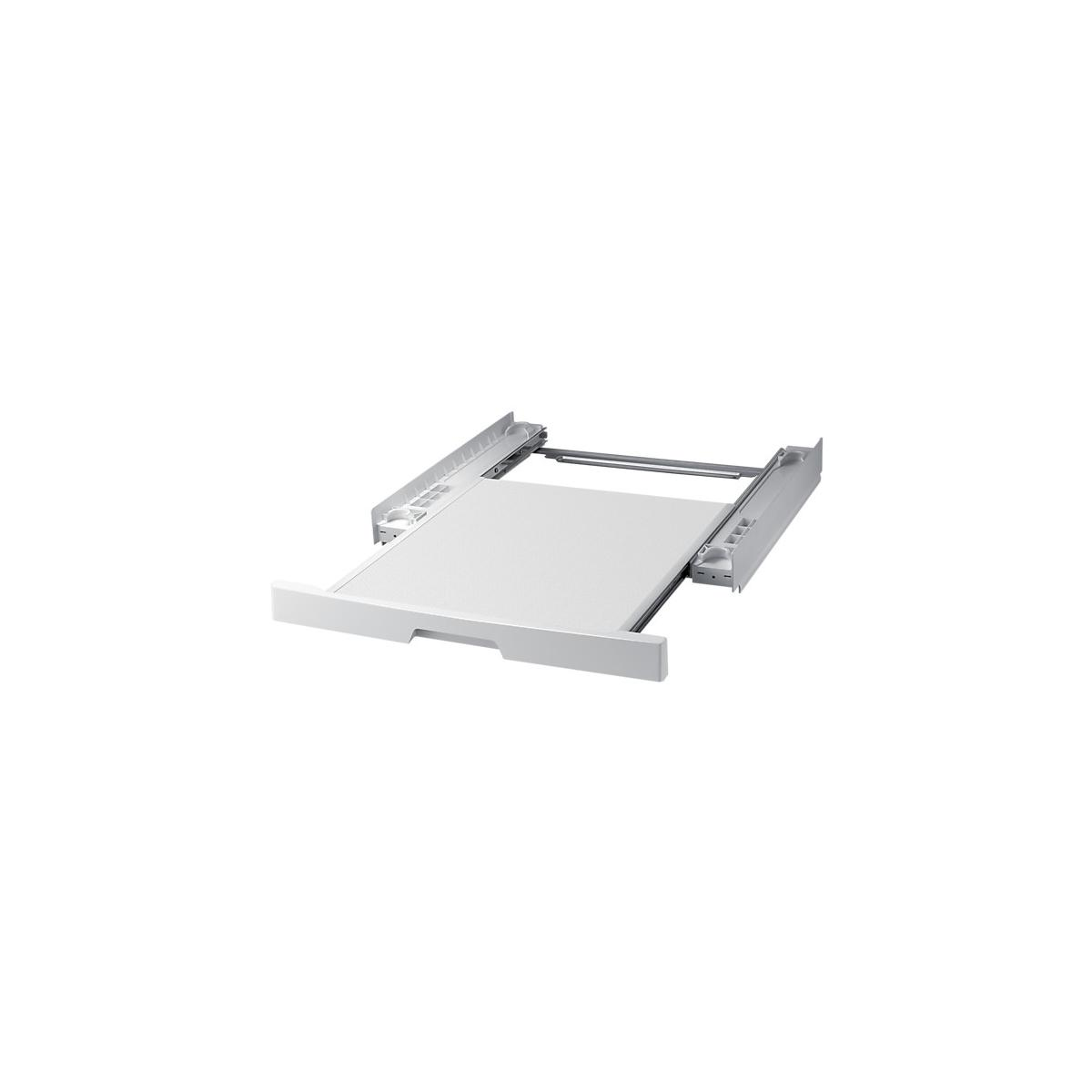 Un ripiano estraibile bianco con guide metalliche su sfondo bianco.