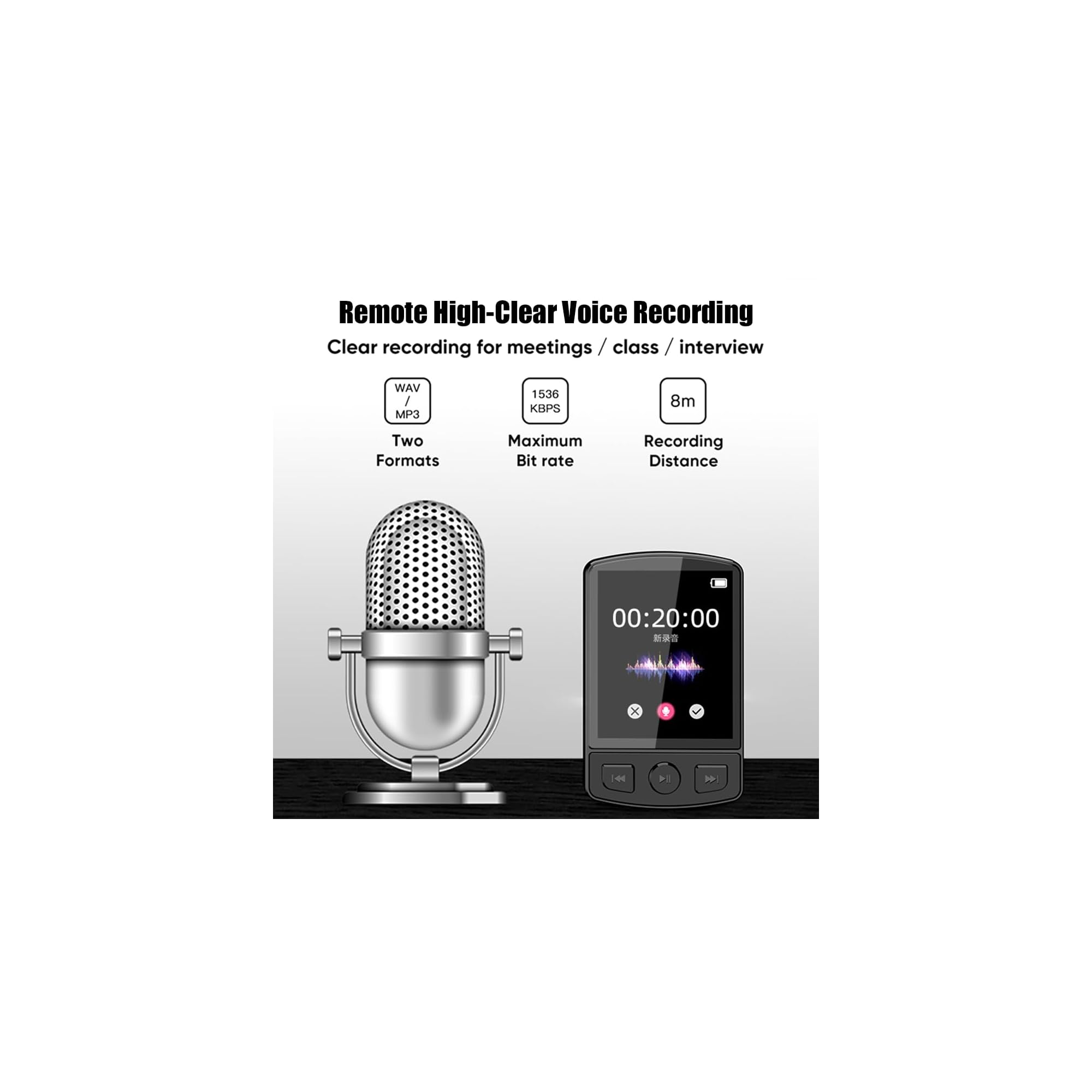 Ein silbernes Mikrofon und ein digitaler Rekorder mit Wellenform-Anzeige. Unterstützt WAV/MP3, 1536 KBPS, 8m Reichweite.