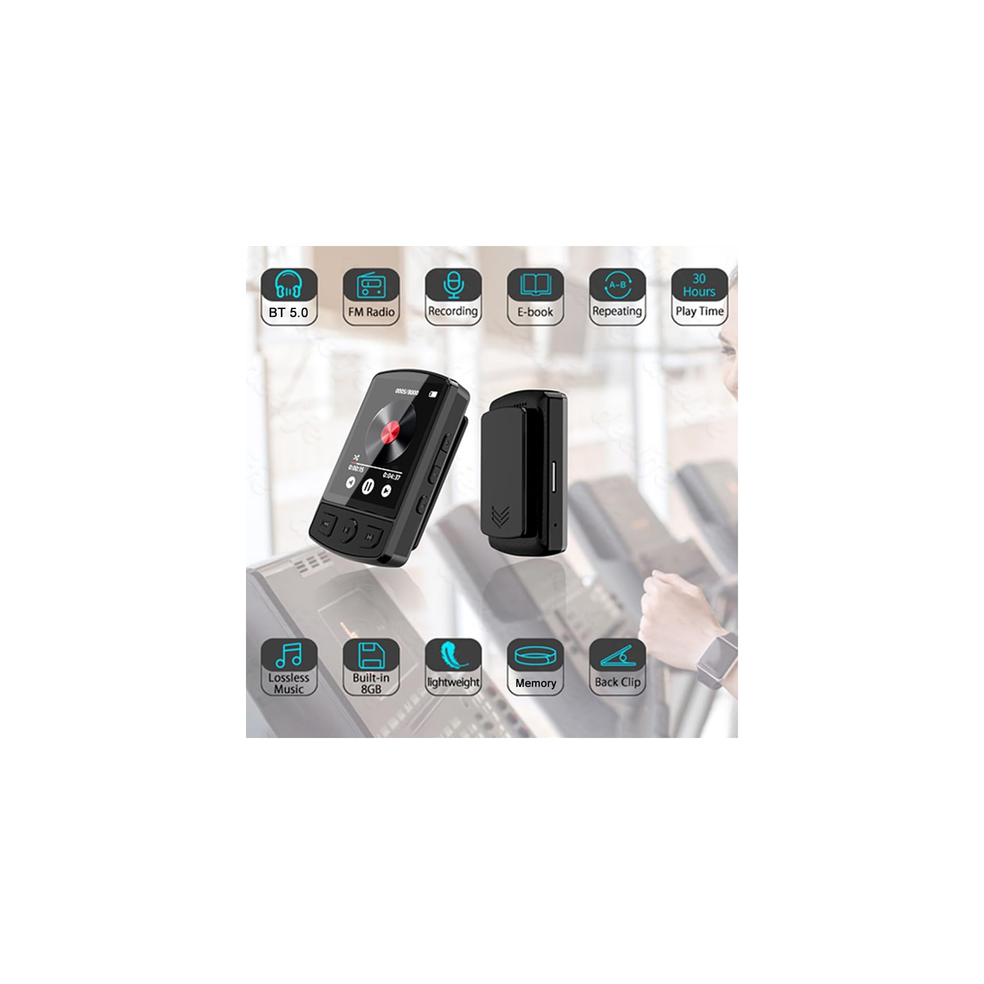 Schwarzer MP3-Player mit Clip, Display und Icons für Funktionen.