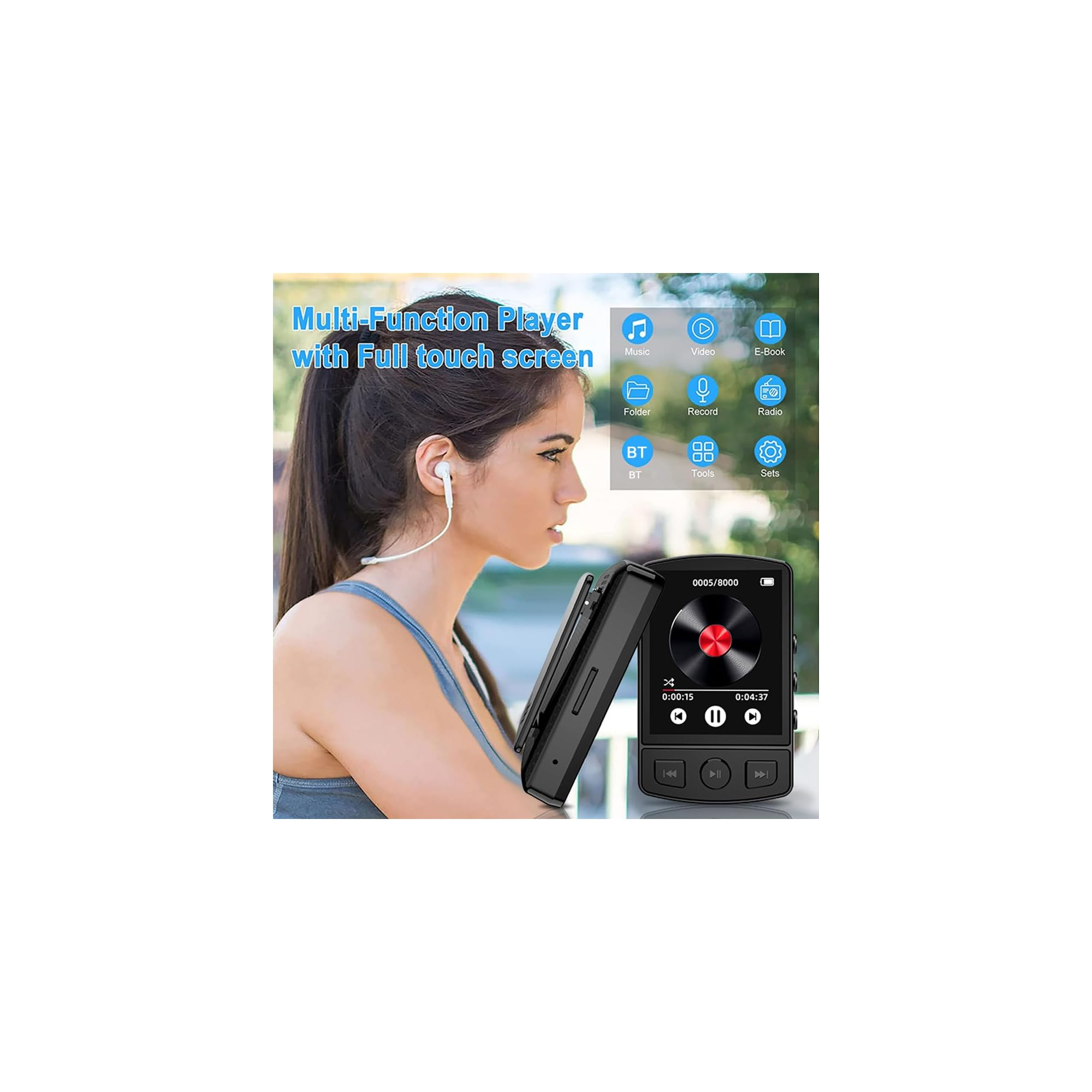 Eine Frau mit Kopfhörern hört Musik auf einem Touchscreen-Player mit vielen Funktionen.