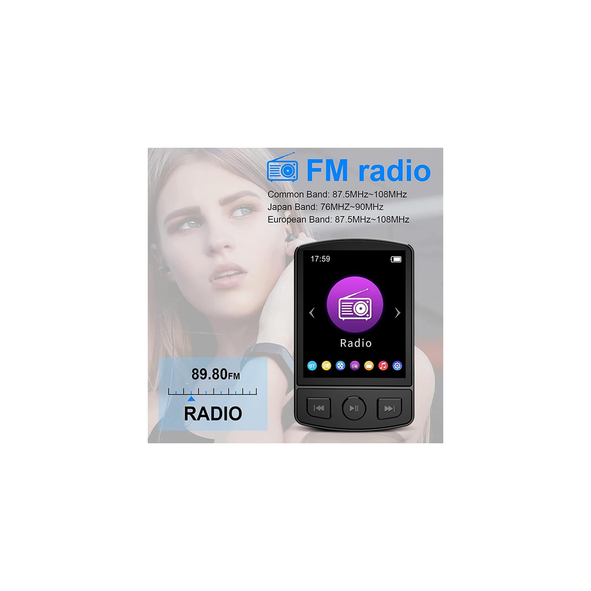 Eine Frau mit einem FM-Radio-Player, der verschiedene Frequenzbänder anzeigt.
