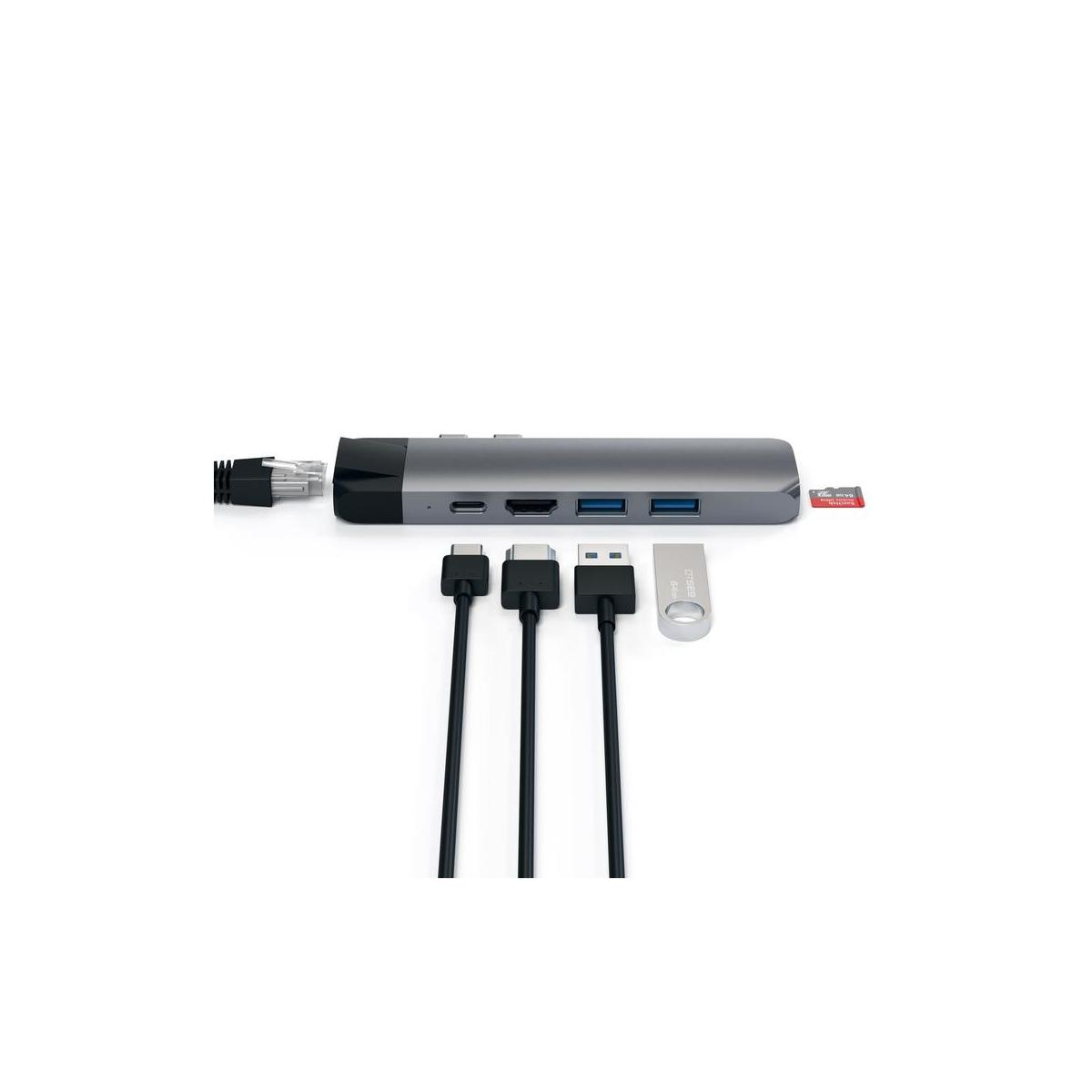 Grijze USB-C hub met Ethernet, HDMI, 2x USB-A, SD-kaart en USB-stick.