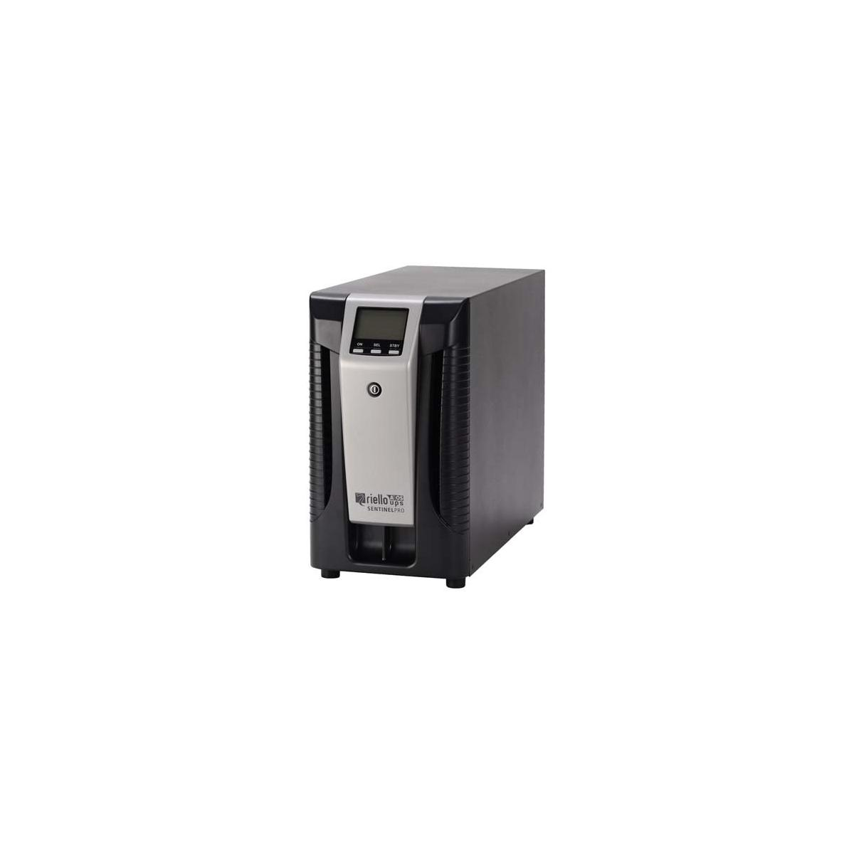 UPS Riello Sentinel nero con pannello argentato e schermo LCD.
