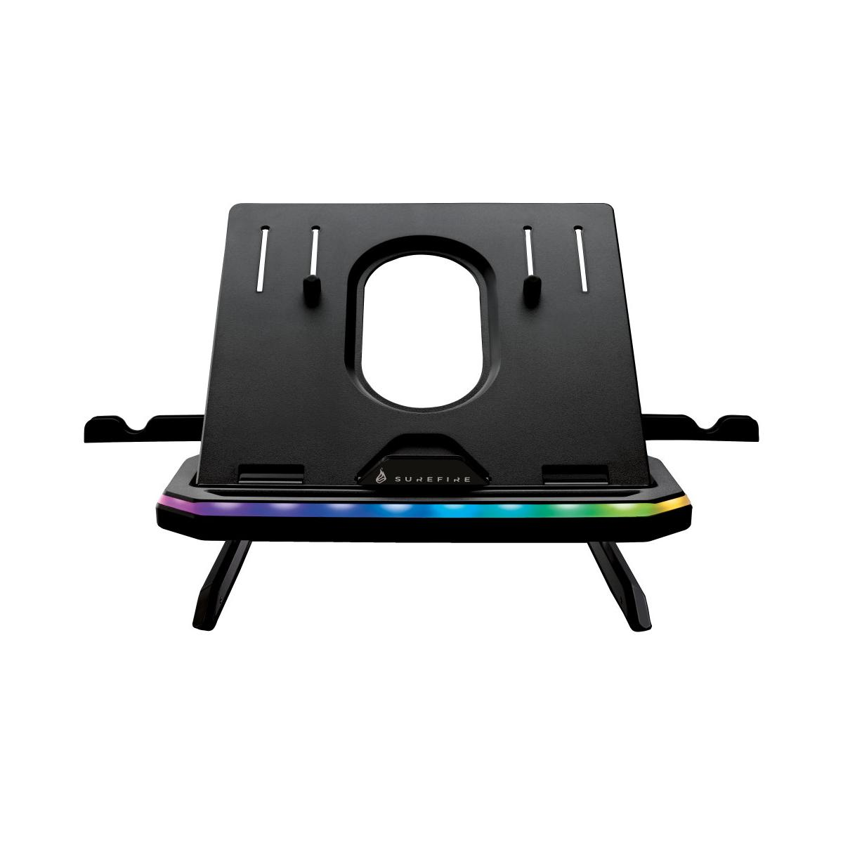 A black gaming stand with RGB lighting and an oval cutout.