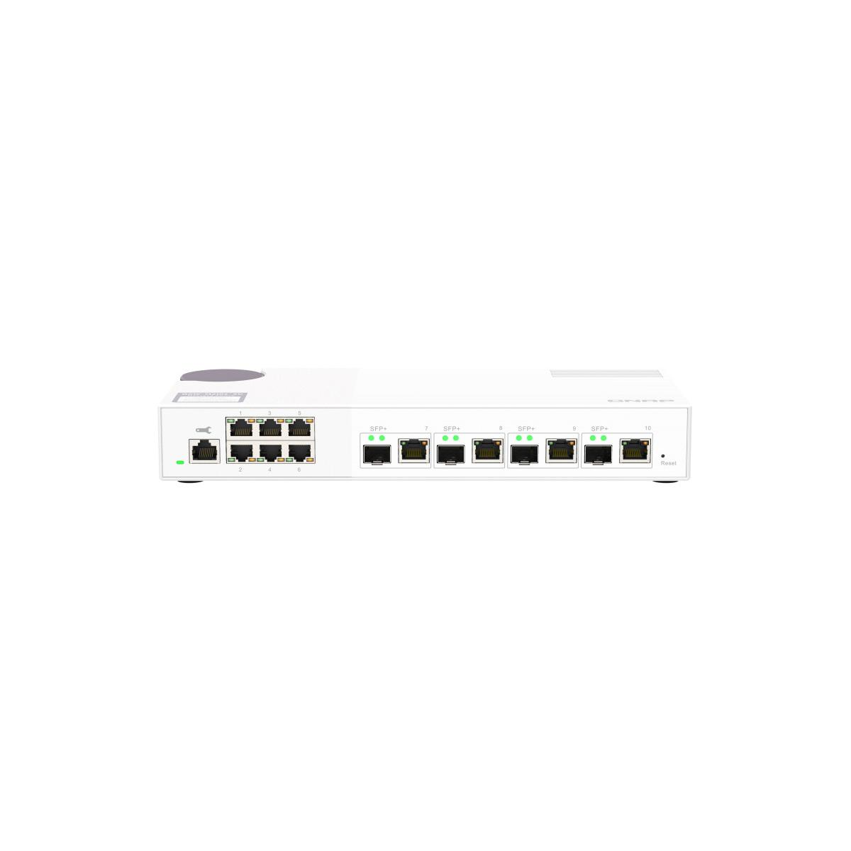 Un dispositivo di rete bianco con più porte Ethernet e SFP+.