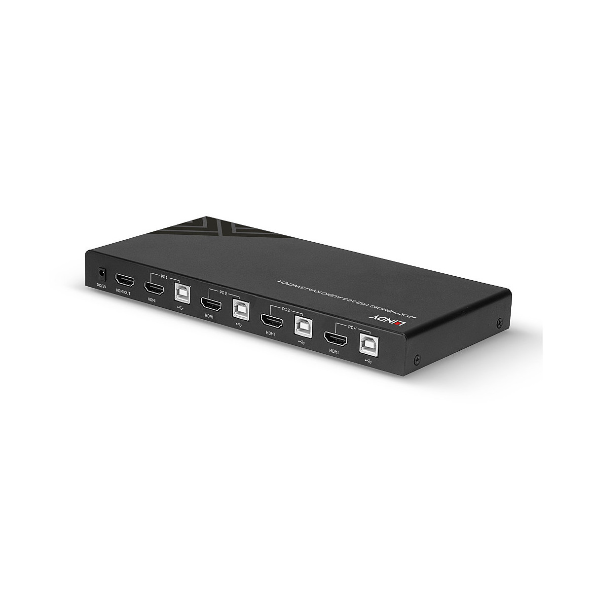 Switch KVM HDMI USB 2.0 nero 4 porte con connessioni PC e audio.