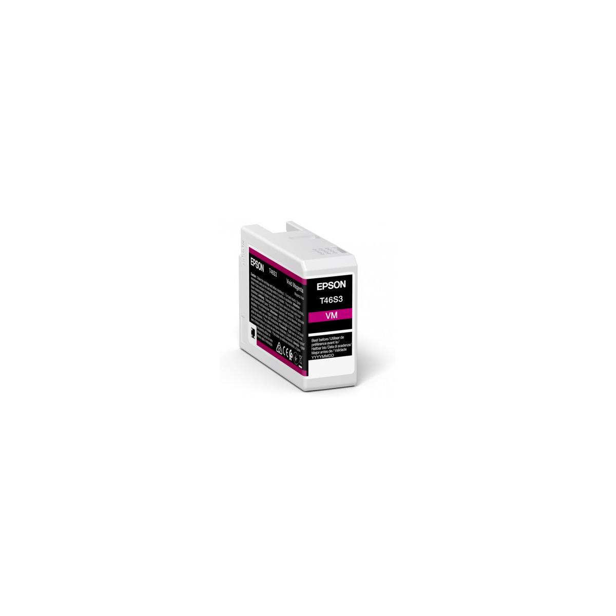 Una cartuccia d'inchiostro Epson T46S3 VM magenta vivo con testo.